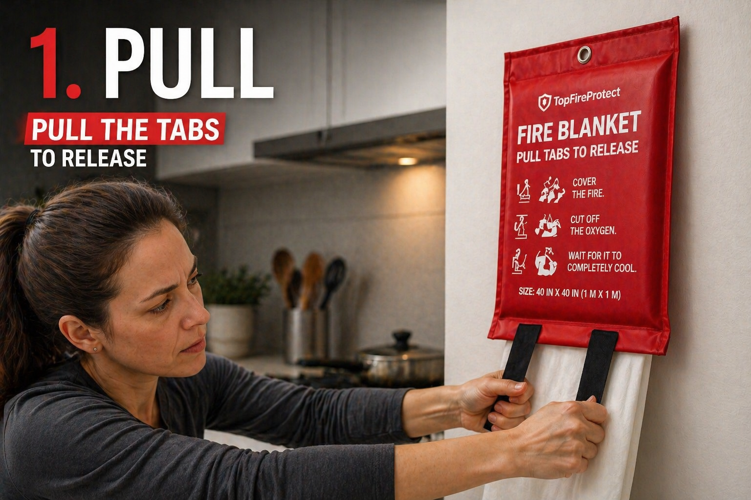 Pull the fire blanket tabs to release it
