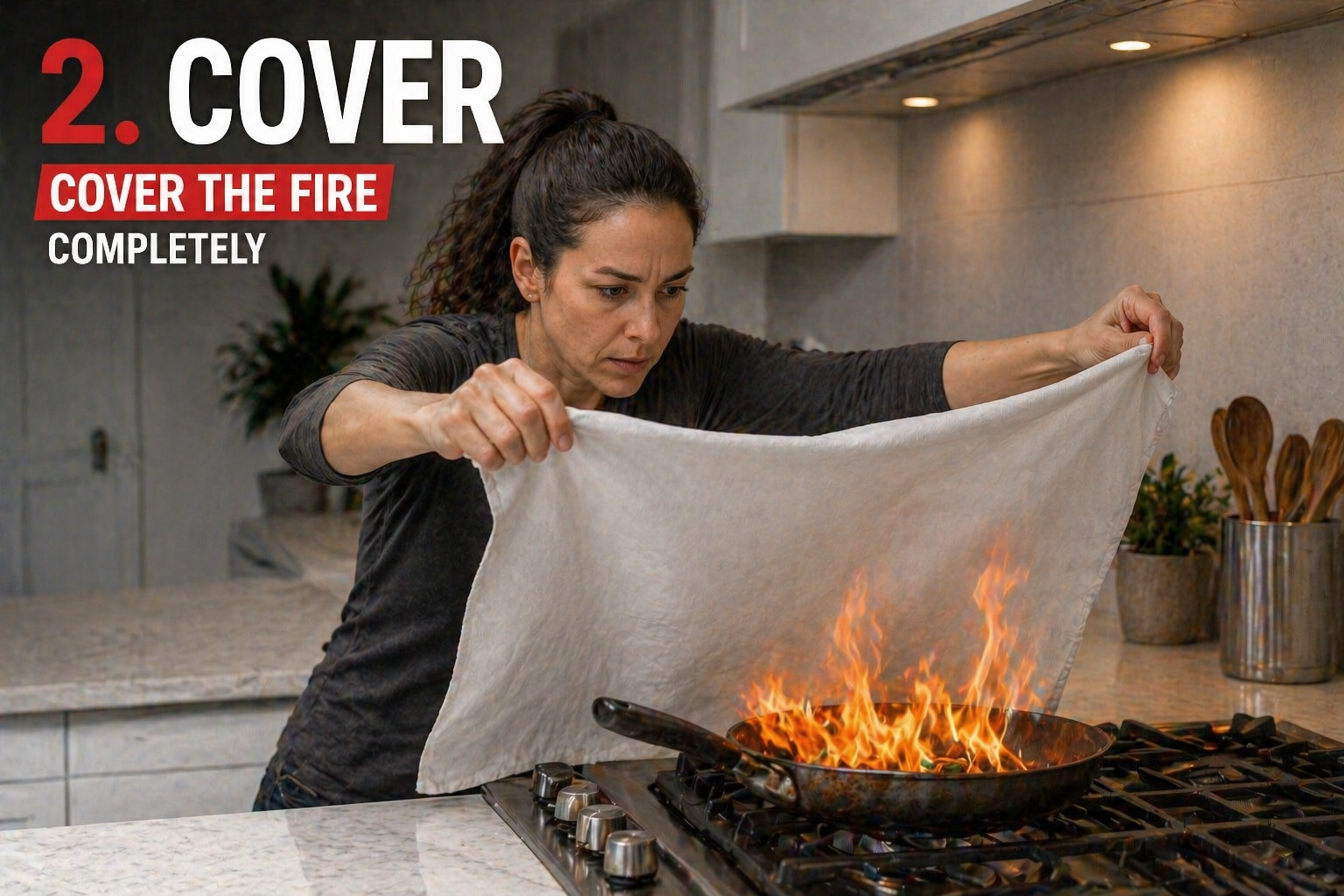 Cover the fire completely with the fire blanket